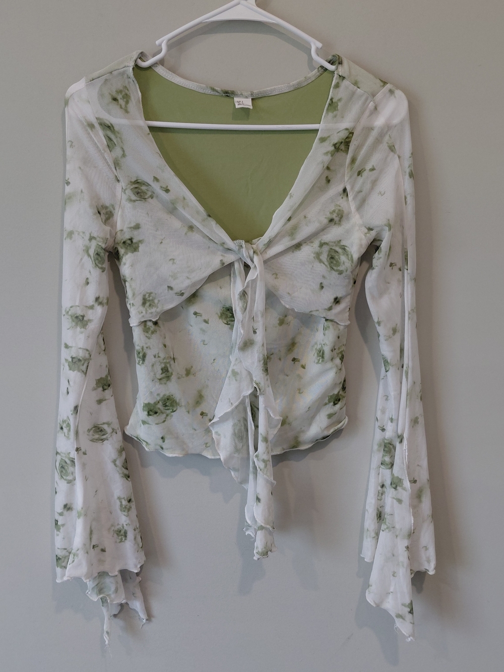 Tie-Front Floral Sheer Blouse in Light Green
